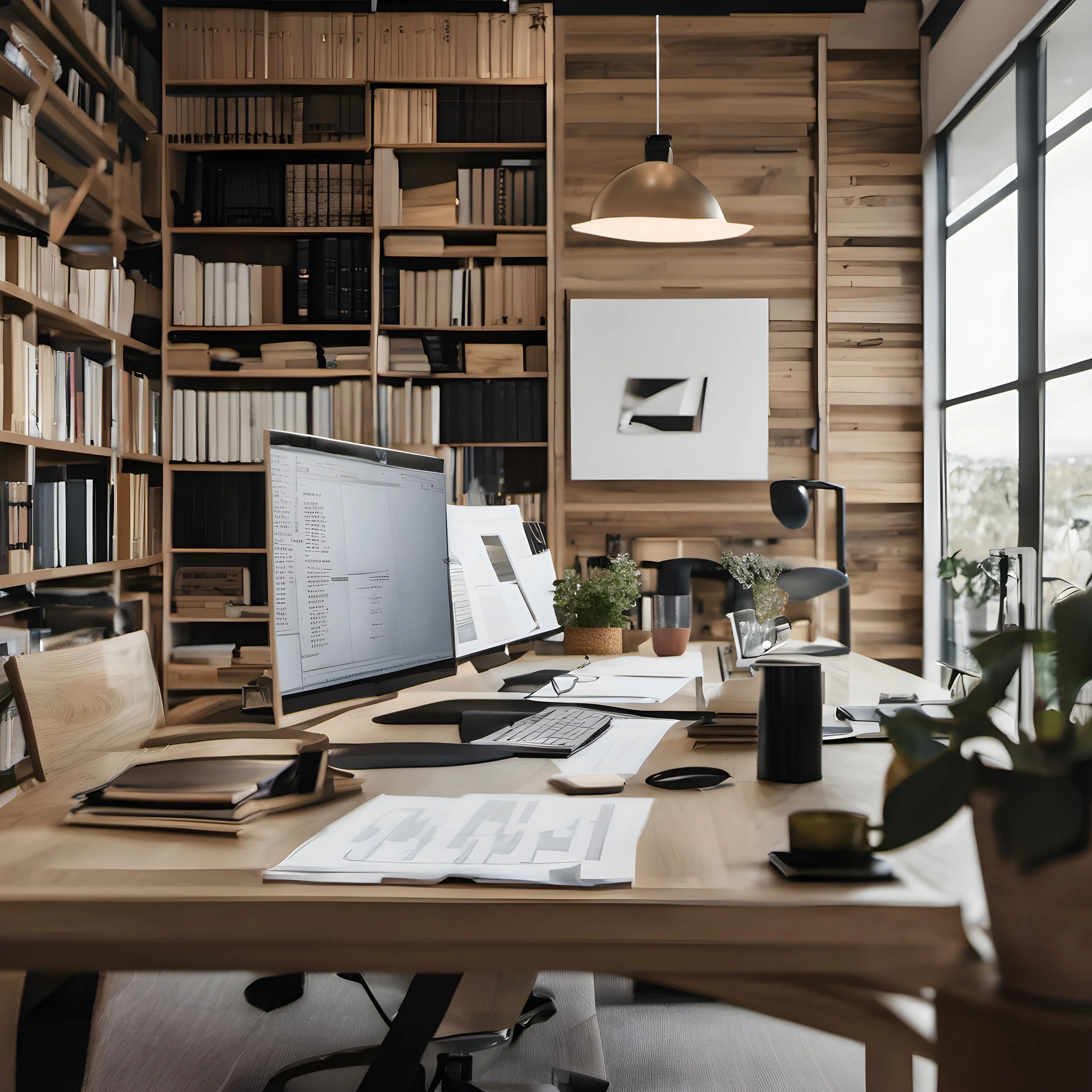 A modern office workspace with a large wooden desk, multiple computer monitors, office supplies, notebooks, and potted plants. The background features a wall of bookshelves filled with books and a large window providing natural light.