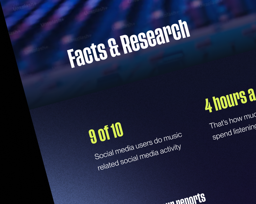 Close-up of a presentation slide titled 'Facts & Research' with statistics about social media music activity, indicating 9 out of 10 social media users engage in music-related activity, and spending four hours a day listening to music.