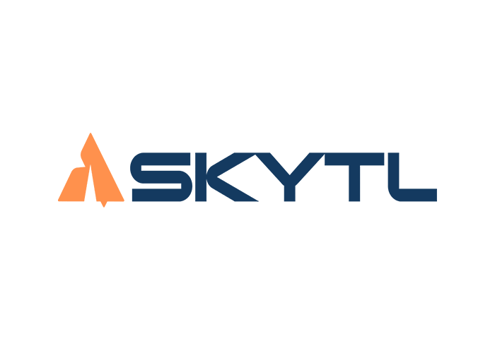 Sky Tul logo with an orange stylized tent icon to the left of the blue text 'SKYTL'.