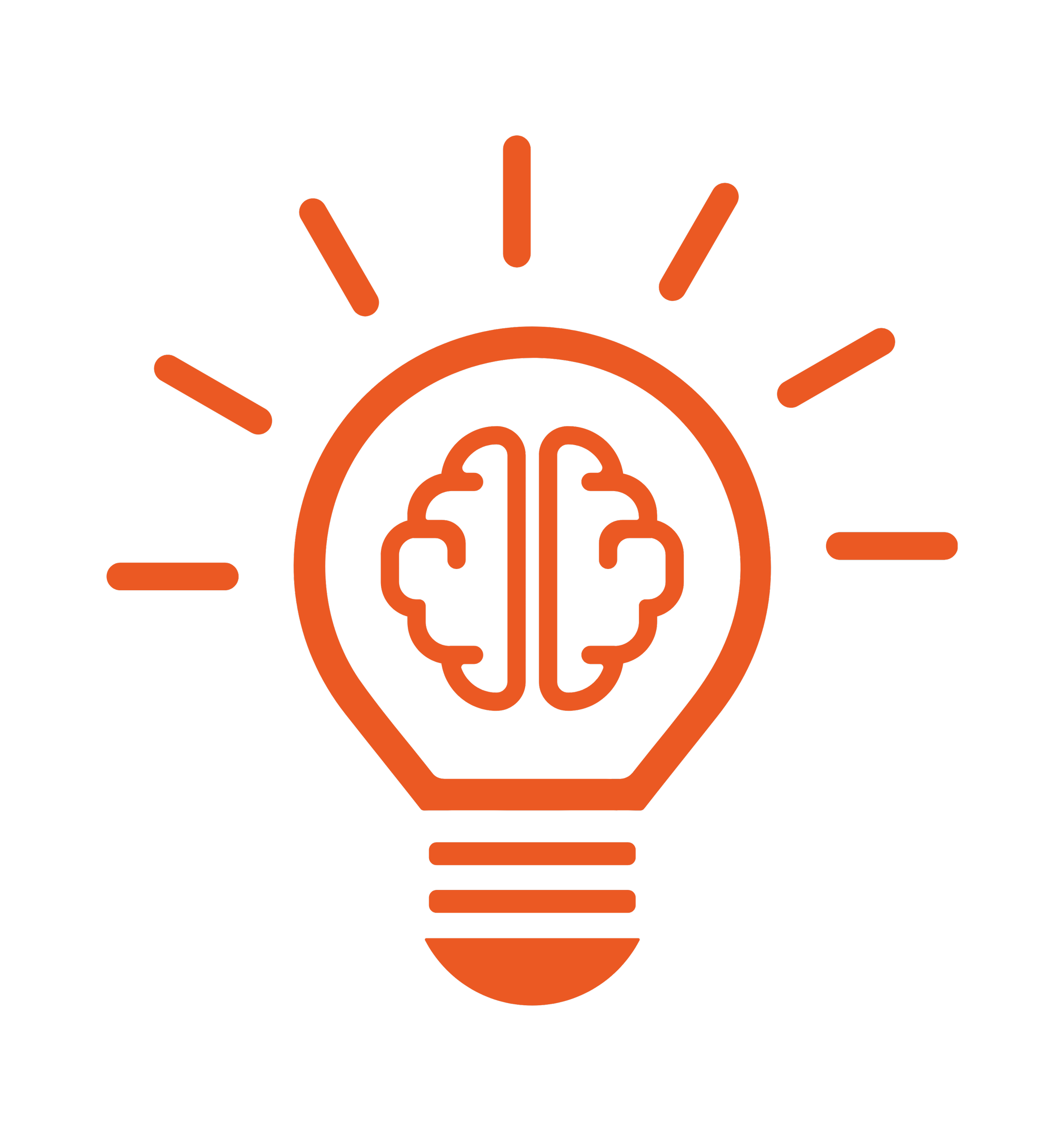 An orange graphic of a lightbulb with a brain inside, surrounded by lines indicating illumination, symbolizing ideas or intelligence.