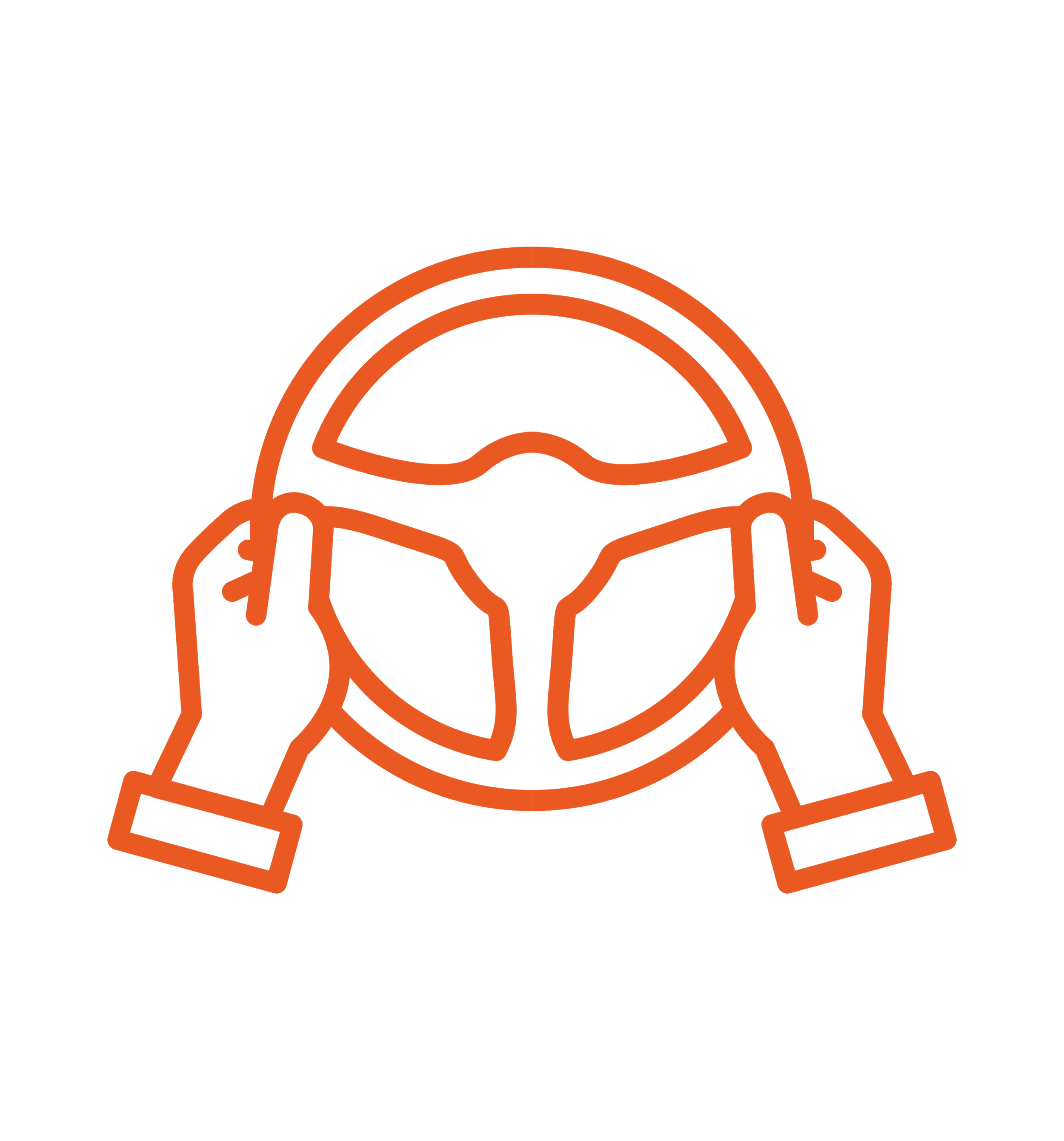 Neon orange outline of a person wearing a helmet and headphones, adjusting the headphones with both hands.