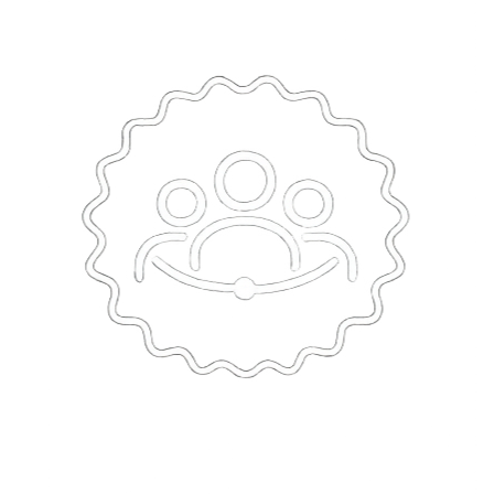 Line drawing of a group of four people inside a gear or circular shape, suggesting teamwork or collaboration.