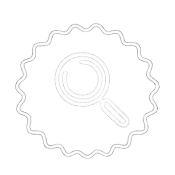 Magnifying glass icon inside a circular, gear-like outline