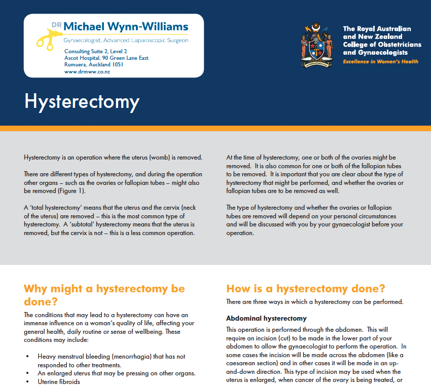 Medical information about hysterectomy from the Royal Australian and New Zealand College of Obstetricians and Gynaecologists, including the surgeon's name, contact information, and details about hysterectomy procedures.