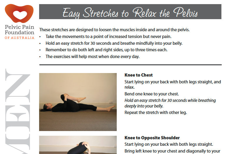 A person lying on their back on a mat, hugging one knee to their chest, demonstrating a knee-to-chest stretch in a guided stretching exercise for pelvic relaxation.