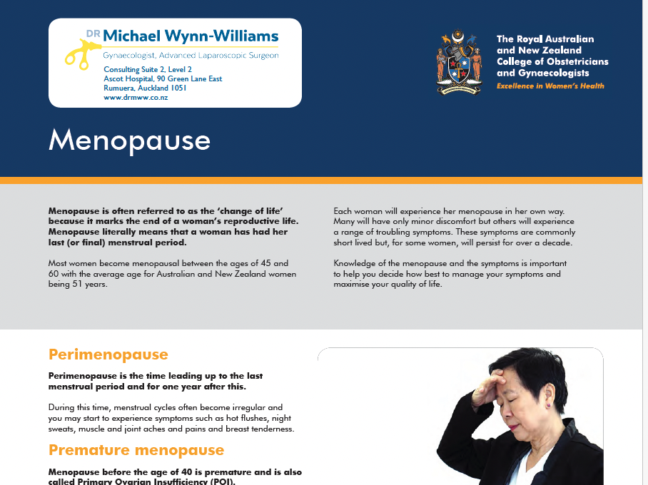 A health information flyer from the Royal Australian and New Zealand College of Obstetricians and Gynaecologists about menopause, featuring a woman holding her head and a blue and white color scheme.