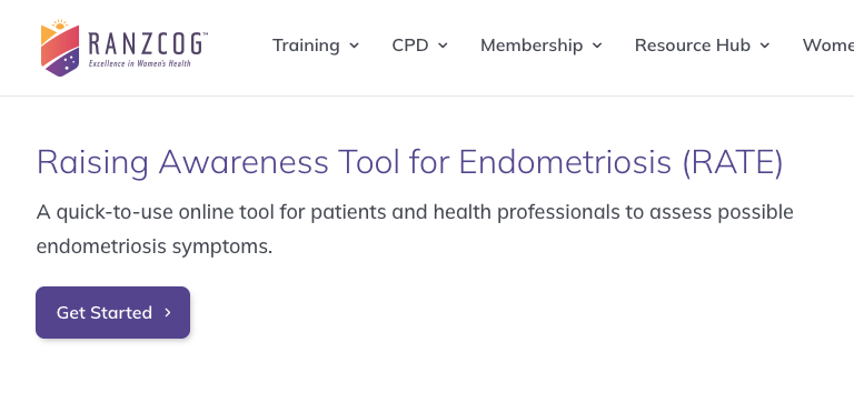 RANZCOG webpage promoting Raising Awareness Tool for Endometriosis with a purple "Get Started" button