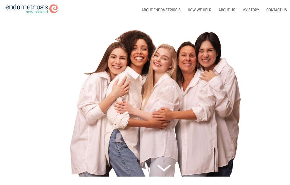 Group of five women standing close together, smiling, and wearing white shirts.