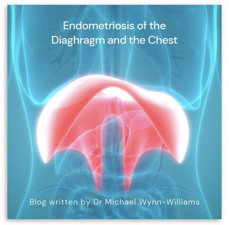 Illustration showing endometriosis affecting the diaphragm and the chest with highlighted red and pink tissue areas. Text indicates the topic as 'Endometriosis of the Diaphragm and the Chest,' by Dr. Michael Wynn-Williams.