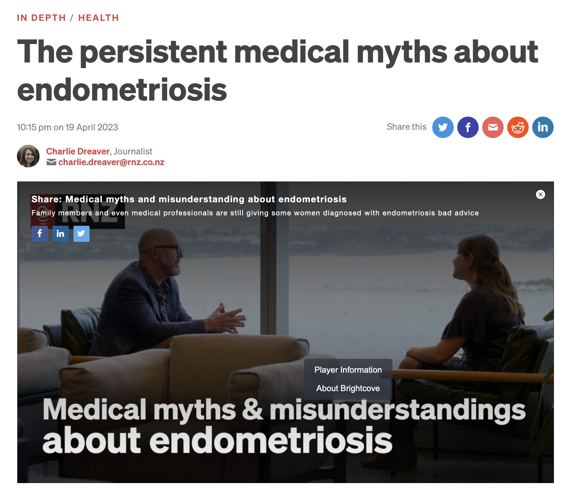 A screenshot of an online article titled "The persistent medical myths about endometriosis" by Charlie Draever, showing a woman and a man sitting in a bright room with large windows overlooking water, engaged in conversation.