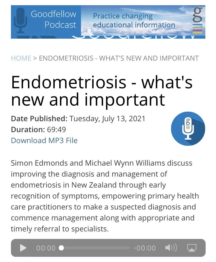 Podcast episode cover image with title 'Endometriosis - what's new and important,' published July 13, 2021, discussing diagnosing and managing endometriosis, featuring a microphone icon and a blue background.