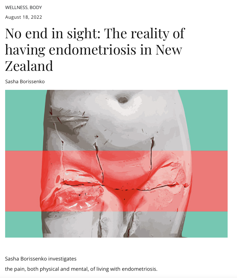 A medical research article titled 'No end in sight: The reality of having endometriosis in New Zealand' with an illustration of a female torso highlighting pain areas with red and teal bands, depicting endometriosis-related pain.