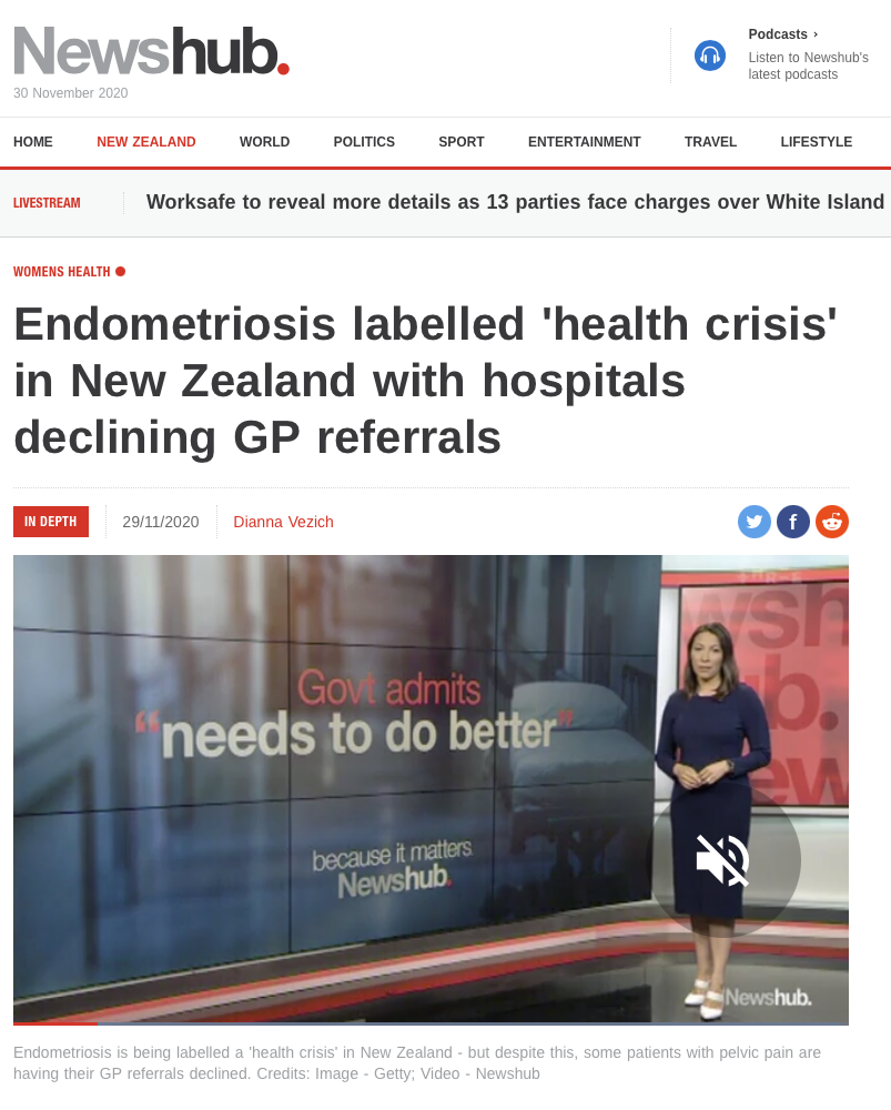 News anchor standing in front of a screen displaying the text 'Govt admits needs to do better' on a background of a hospital bed, with a headline about endometriosis health crisis in New Zealand.