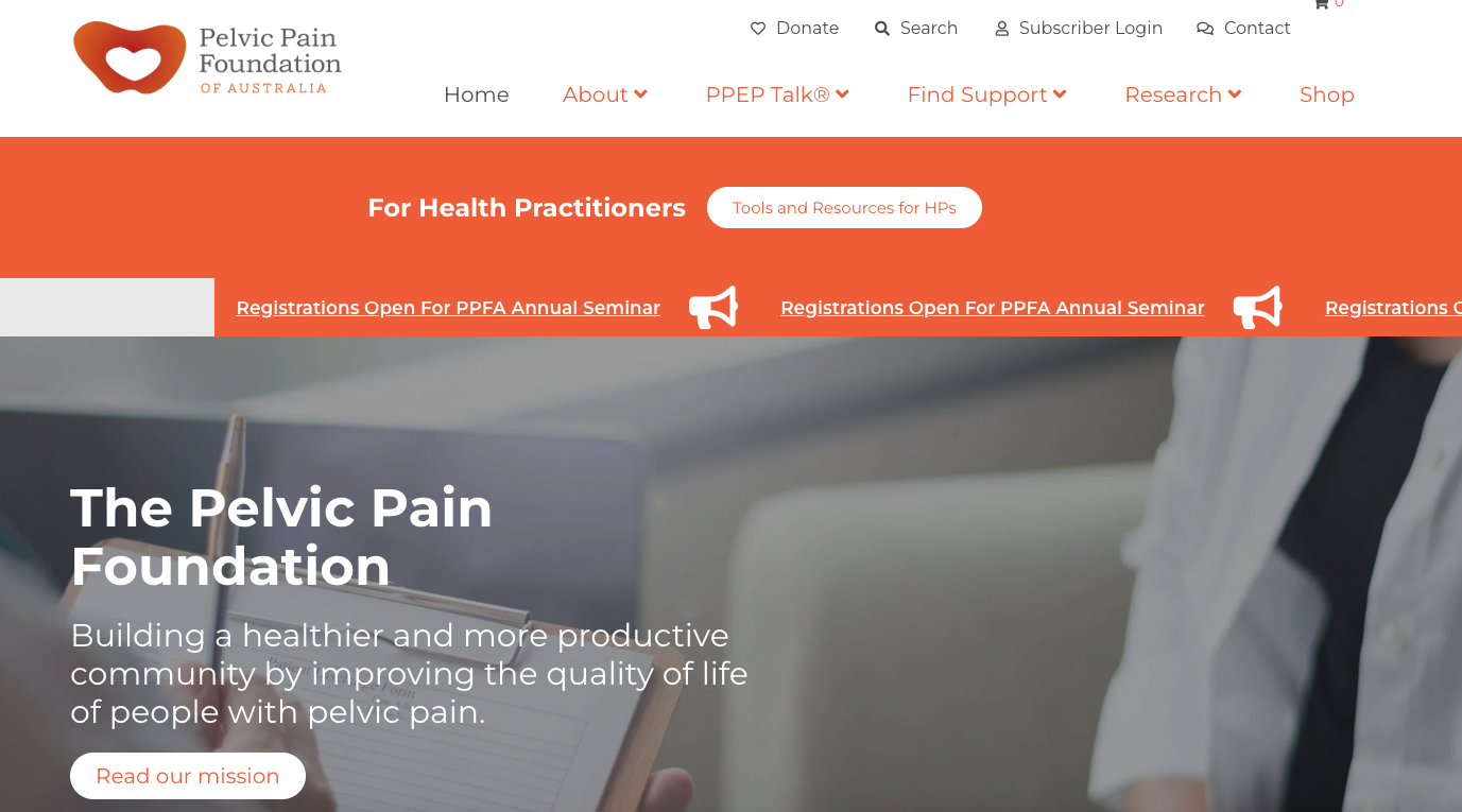 Website homepage for The Pelvic Pain Foundation of Australia with a logo of a heart and pelvic shape, orange navigation bar, and headline about building a healthier community for people with pelvic pain.