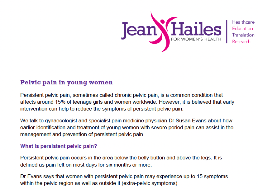 Document about pelvic pain in young women from Jean Hailes for Women's Health, discussing persistent pelvic pain, symptoms, and treatment.