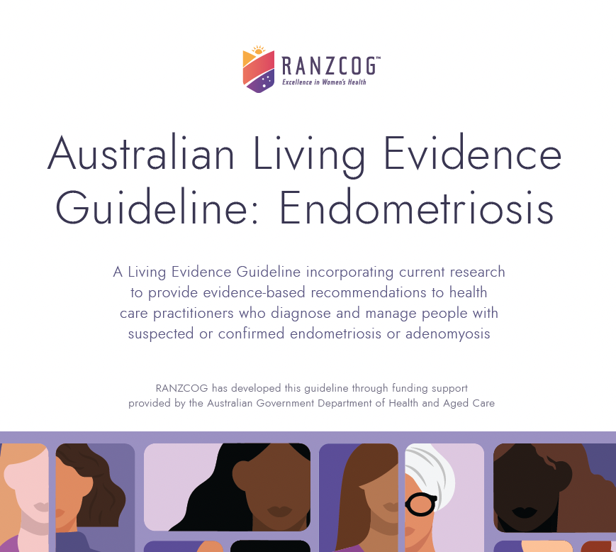 Cover of a guide titled 'Australian Living Evidence Guide: Endometriosis,' featuring diverse illustrated women's faces at the bottom and the RANZCOG logo at the top.