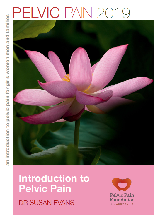 Pink lotus flower with green leaves in the background, on a book cover titled "Introduction to Pelvic Pain" by Dr. Susan Evans, 2019, associated with the Pelvic Pain Foundation of Australia.