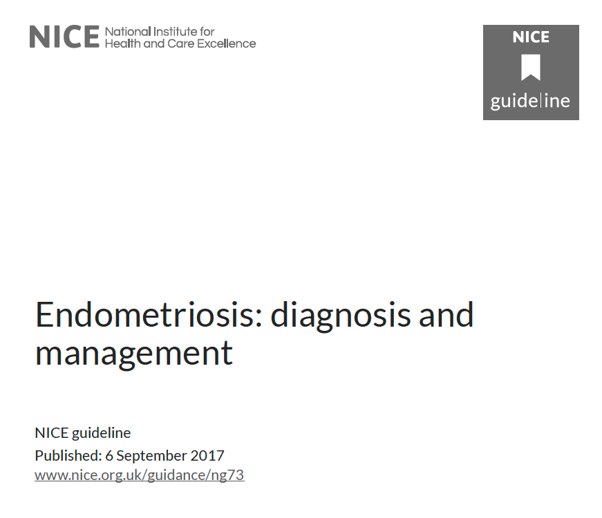 Cover page of a NICE guideline document titled 'Endometriosis: diagnosis and management', published September 6, 2017, with NICE logo and guideline banner.