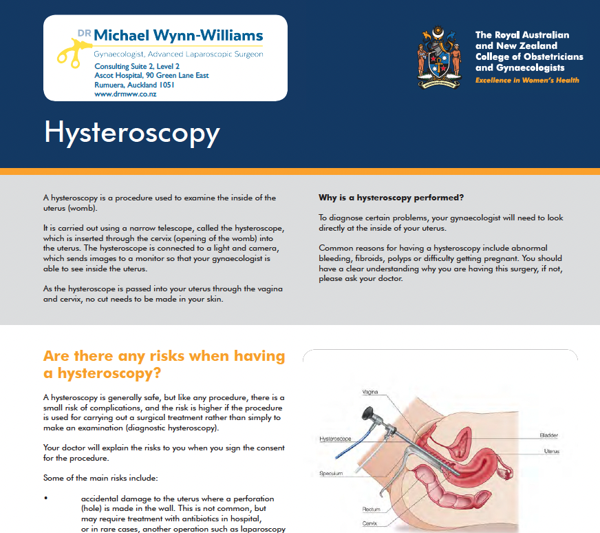 Information sheet from the Royal Australian and New Zealand College of Obstetricians and Gynaecologists about hysteroscopy, including details about the procedure and potential risks. The text features a diagram of female reproductive organs showing the vagina, cervix, uterus, and bladder, with a hysteroscope being inserted through the vagina and cervix into the uterus.
