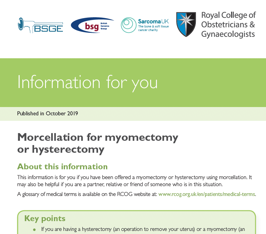 Title page of a medical informational leaflet titled 'Morcellation for myomectomy or hysterectomy,' published in October 2019, including logos of BSGE, BSG, Sarcoma UK, and the Royal College of Obstetricians & Gynaecologists, with a green header background.