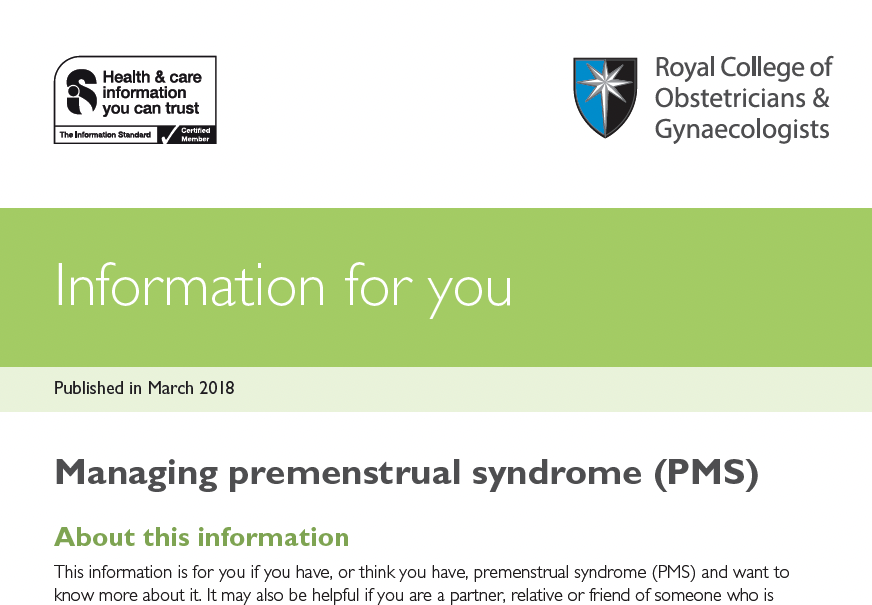 Cover page of a medical information leaflet titled "Managing premenstrual syndrome (PMS)" with logos of the Health & Care Information Standard and the Royal College of Obstetricians & Gynaecologists, published in March 2018.