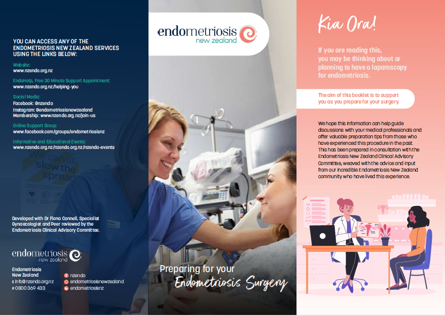 A healthcare professional in blue scrubs examining a patient's face in a medical setting, with medical equipment in the background. The brochure covers endometriosis services and preparation for endometriosis surgery.