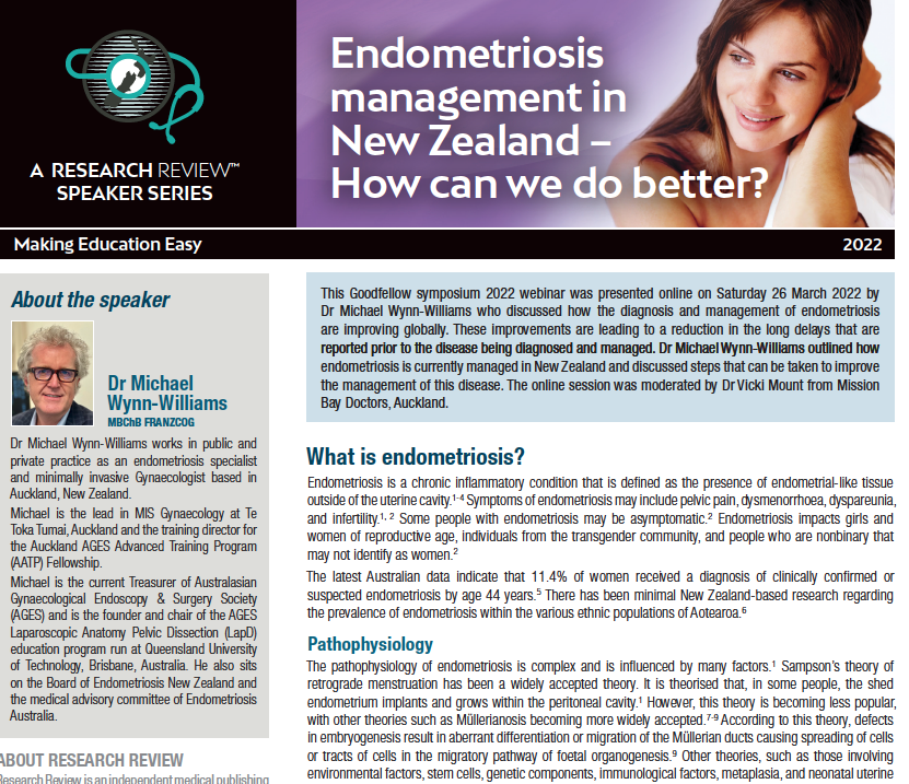 Webinar titled 'Endometriosis management in New Zealand - How can we do better?' with information about a 2022 symposium presented online, featuring Dr. Michael Wynn-Williams and a female participant smiling.