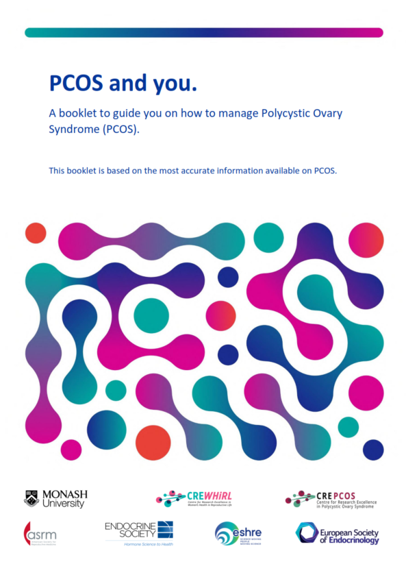 Cover page of a health information booklet titled 'Polycystic ovary syndrome: what it means for your long-term health', published by Royal College of Obstetricians & Gynaecologists, featuring logos and a green header.