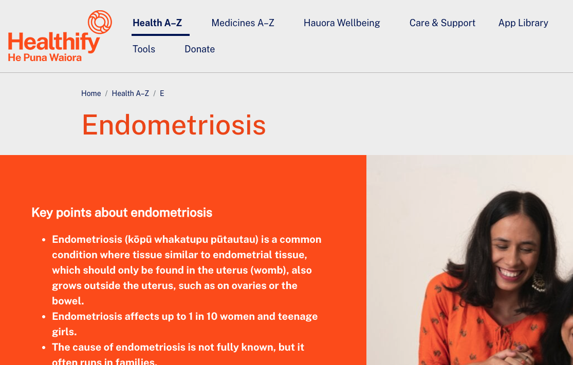 Webpage about endometriosis from Healthify, featuring a woman smiling, with the header 'Endometriosis' and key points about the condition.