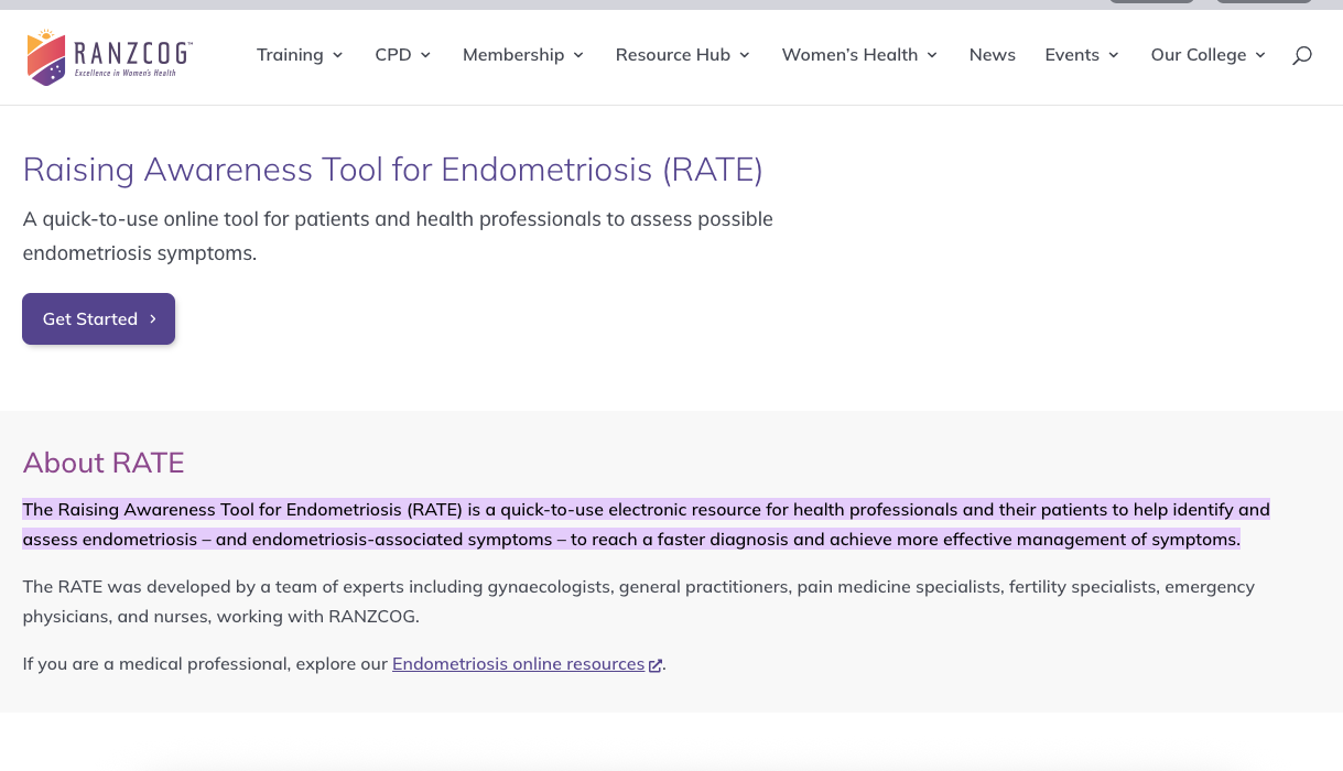 Screenshot of the RANZCOG website page about the Raising Awareness Tool for Endometriosis (RATE), featuring a purple and white color scheme, with a header menu and a purple Get Started button.