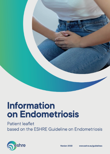 Close-up of a woman sitting with her hands on her abdomen, wearing a white shirt and blue jeans, with a medical brochure titled 'Information on Endometriosis' in the foreground.