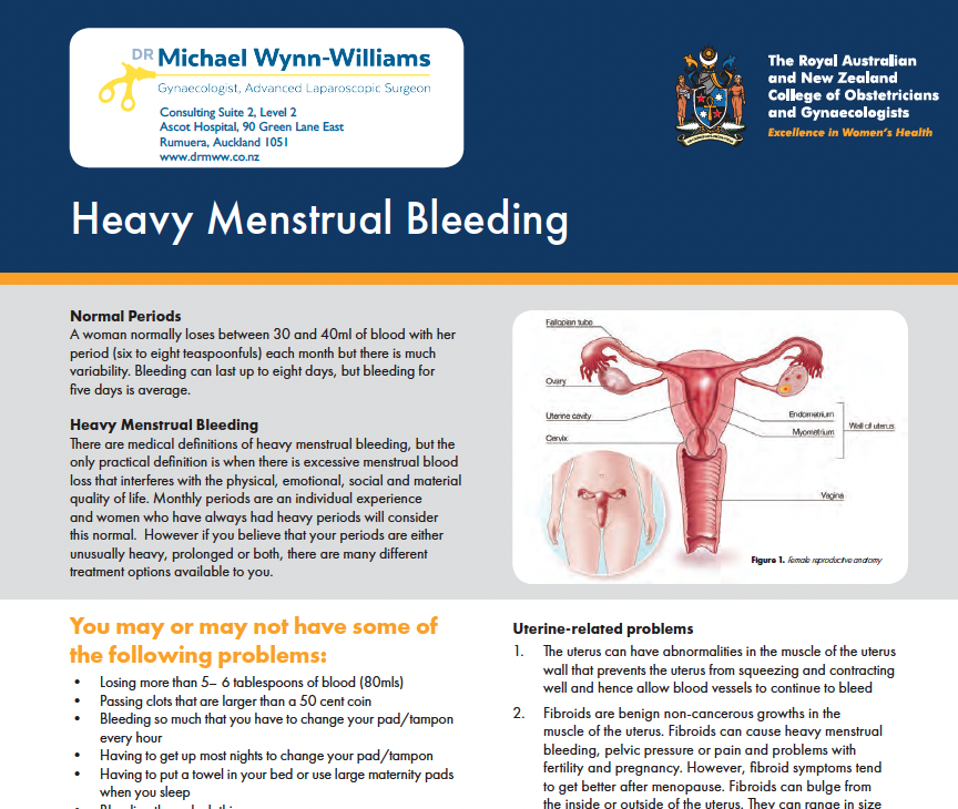 Business card for Dr. Michael Wynn-Williams, gynecologist and surgeon, with practice details and a graphic illustrating female reproductive anatomy including fallopian tube, ovary, endometrium, myometrium, wall of uterus, cervix, and vagina.
