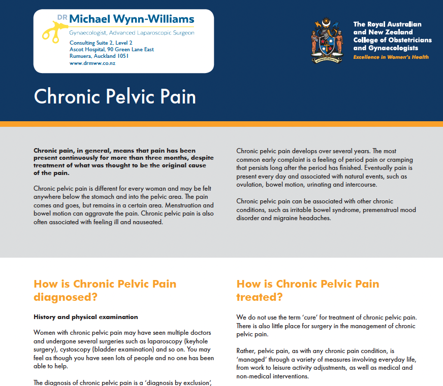 A medical informational document about chronic pelvic pain from the Royal Australian and New Zealand College of Obstetricians and Gynaecologists, featuring the name Michael Wynn-Williams, a gynecologist, and a logo with a crest.