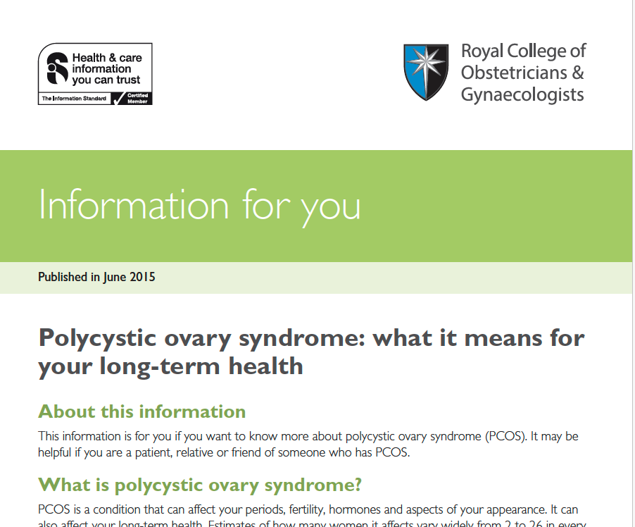 Cover page of a health information booklet titled 'Polycystic ovary syndrome: what it means for your long-term health', published by Royal College of Obstetricians & Gynaecologists, featuring logos and a green header.