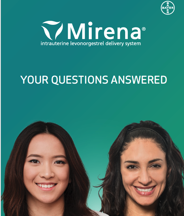 Two smiling women, one with straight brown hair and one with wavy dark hair, in front of a teal background. There is a logo for Mirena and Bayer at the top. Text says 'Your Questions Answered'.