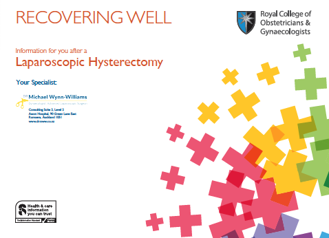 A presentation slide from Royal College of Obstetricians & Gynaecologists titled 'Recovering Well' about laparoscopic hysterectomy, featuring colorful plus signs and the name of Dr. Michael Wynn-Williams.