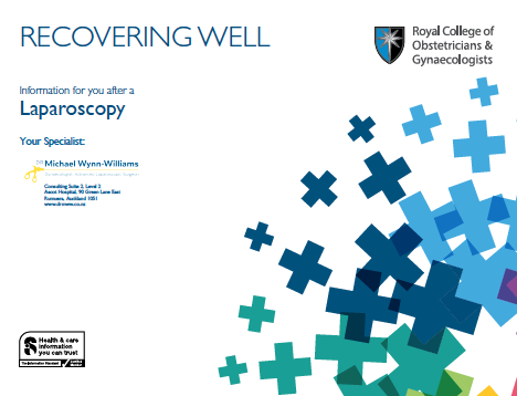 Cover of a medical booklet titled 'Recovering Well' with information about a laparoscopy from the Royal College of Obstetricians & Gynaecologists. The cover features a geometric design with various blue and green crosses and plus signs.