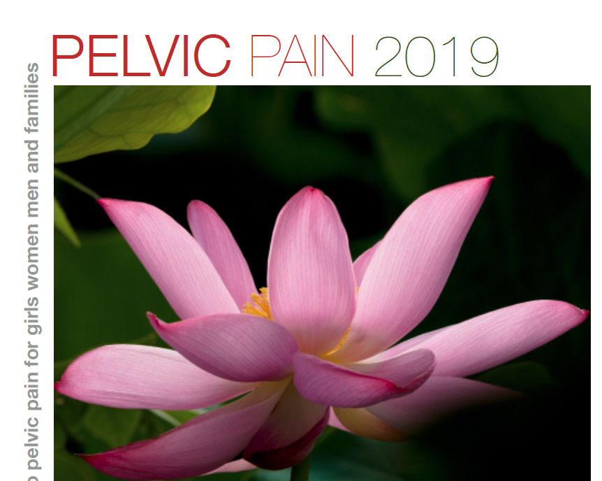 Pink lotus flower with green leaves in the background, used on a flyer about pelvic pain in 2019 for women, girls, men, and families.