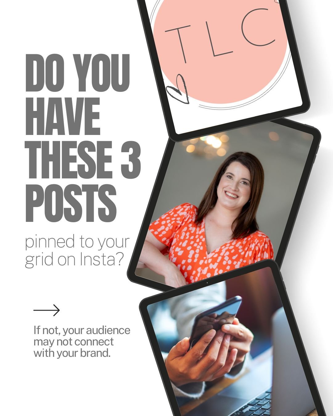 Do you have these three posts pinned to the top of your Instagram grid? If not, you're at risk of your audience not connecting with your brand.

👉🏻 You logo: visually introduces your brand and helps people recognise your look and feel (colours, log
