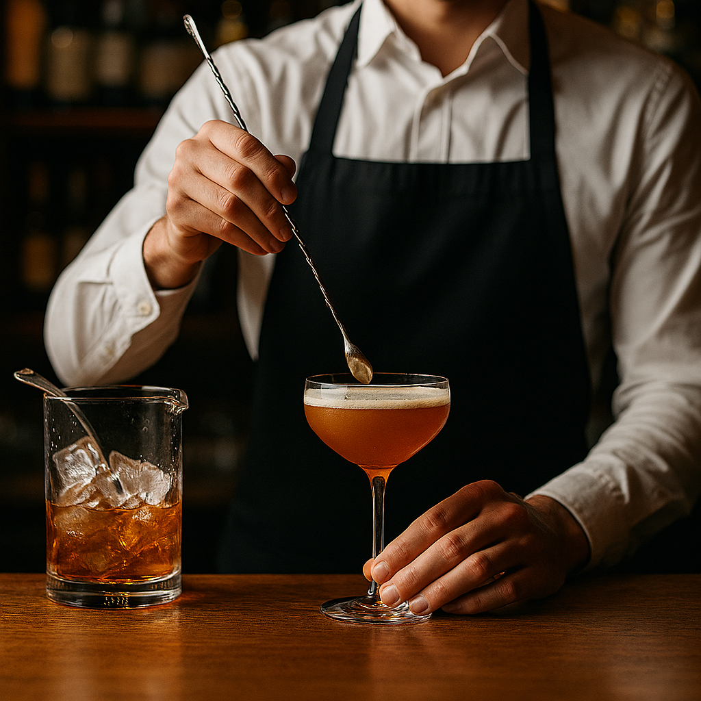 Bartender in a white shirt and black apron preparing a cocktail with a spoon in a dimly lit bar.  The drink looks to be a crafted and curated Manhattan.  He might be providing a class on how to make, stir, shake cocktails.  A personalized experience.