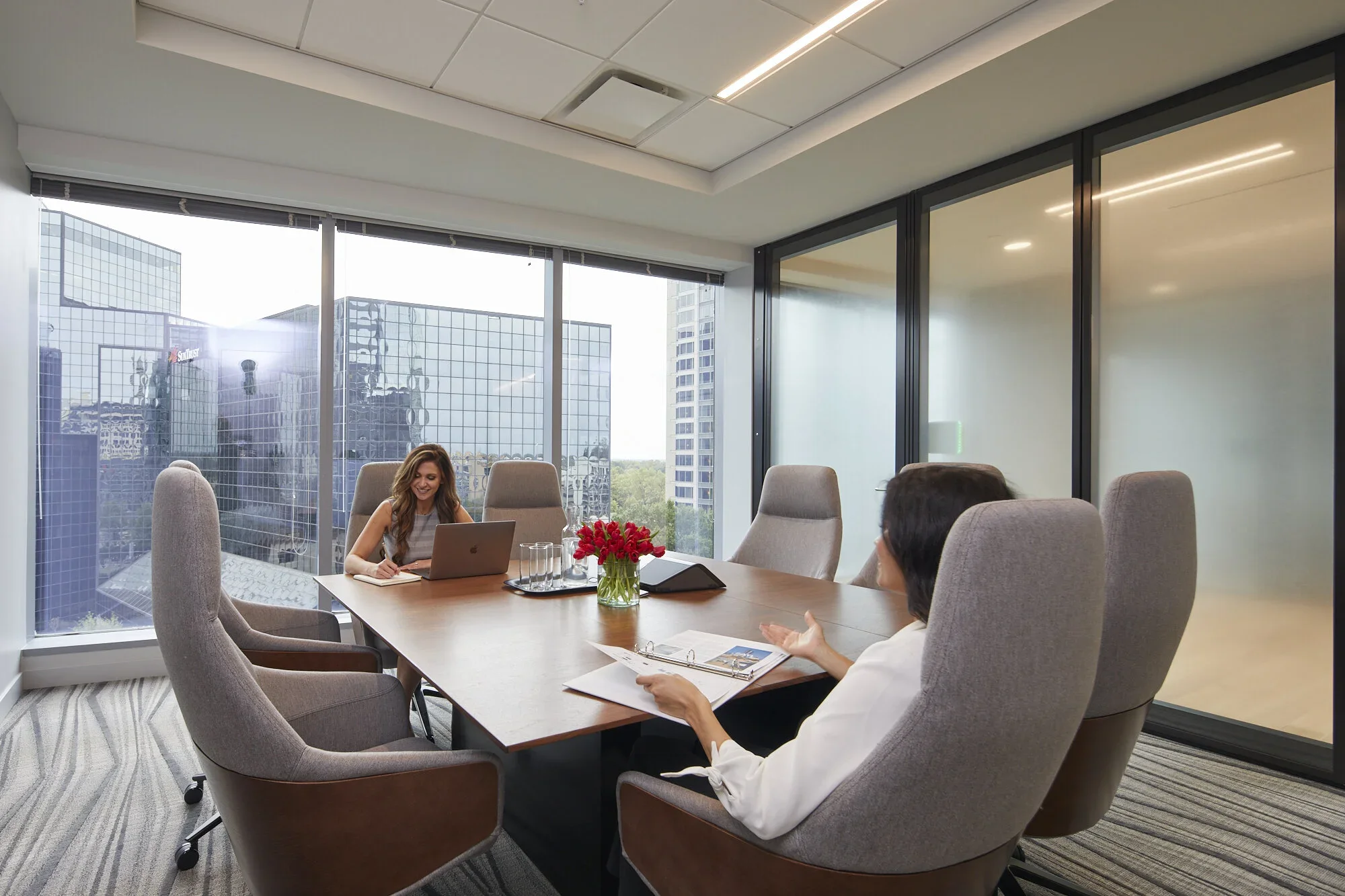 Two women having a business meeting in a modern office conference room with large windows and a city skyline view. One is sitting at the table with a laptop and a notebook, smiling, while the other gesturing with her hands, holding papers. There are 