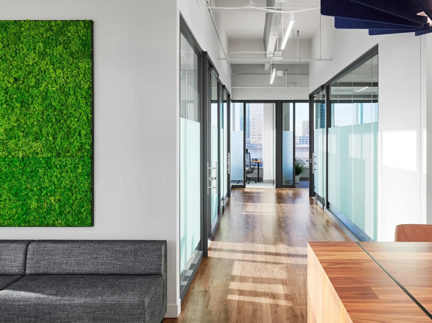 Modern office corridor with glass conference rooms on each side, wooden floor, and sunlight coming through the windows, with a green wall art and gray sofa visible in the foreground.