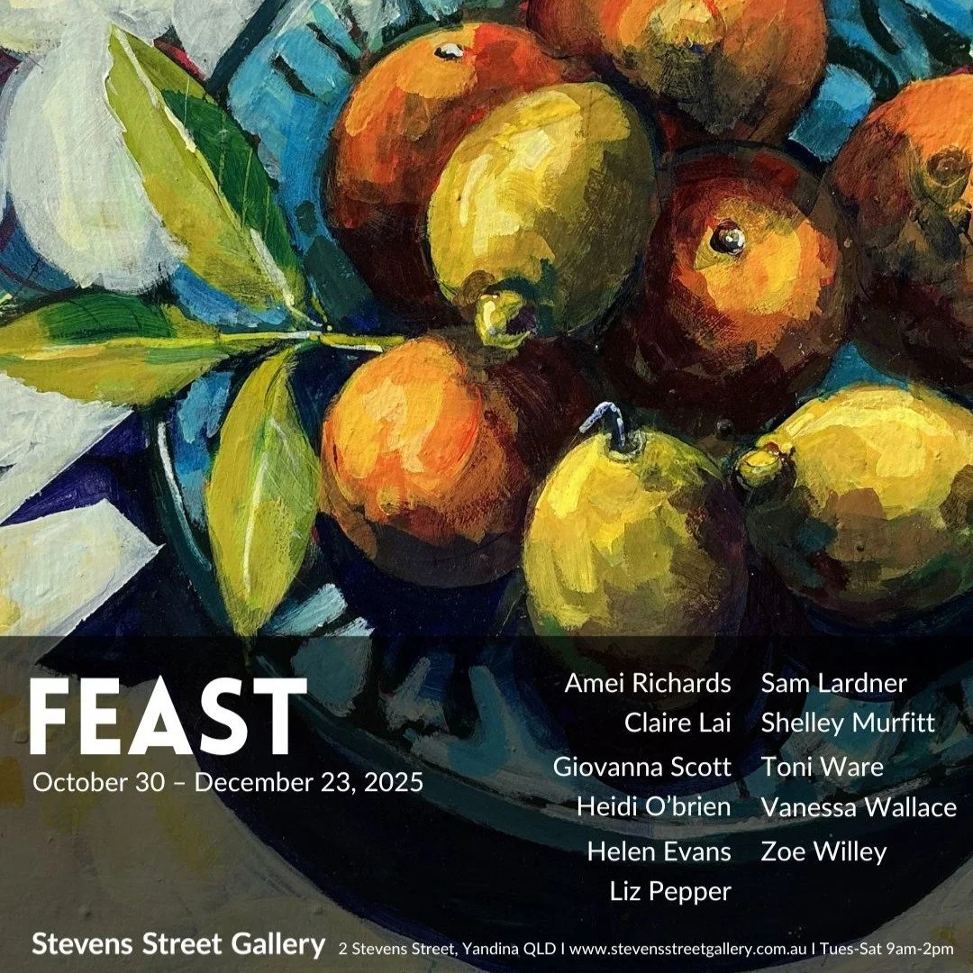 My new collection for Feast took shape in my new studio smaller panels, bold colour, and lots of familiar objects painted from life. Each one feels like a small celebration of everyday abundance.
The collection is now showing at Stevens Street Galler