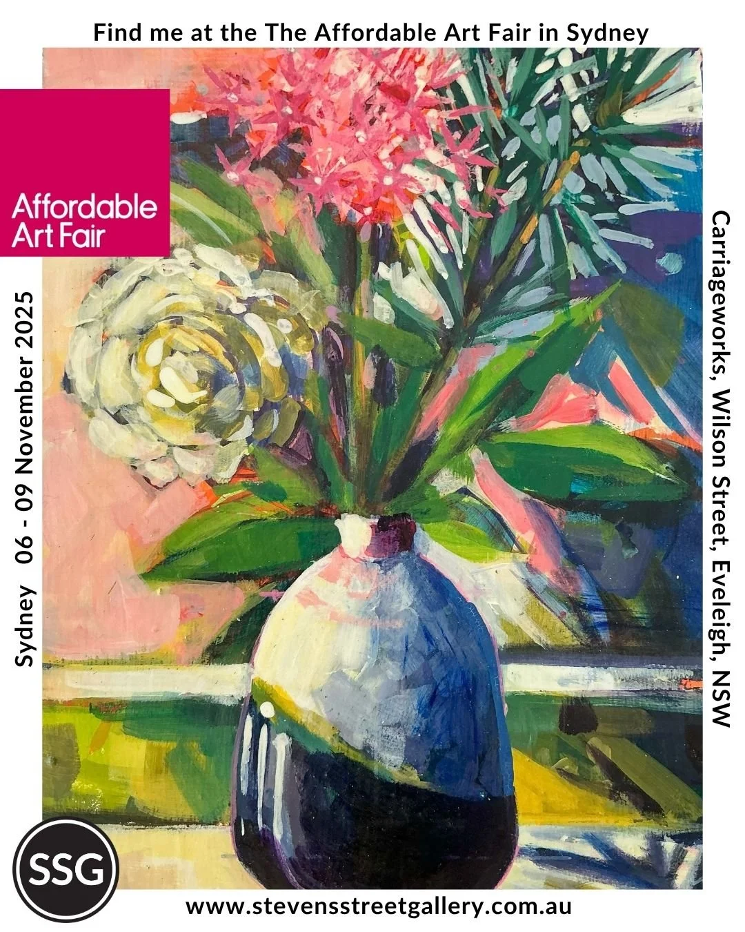 I'm so happy that a collection of my small florals and still life pieces is spending the weekend in Sydney with Stevens Street Gallery at The Affordable Art Fair.

They are so perfect for the upcoming gift-giving season. 

Their bijou size makes them