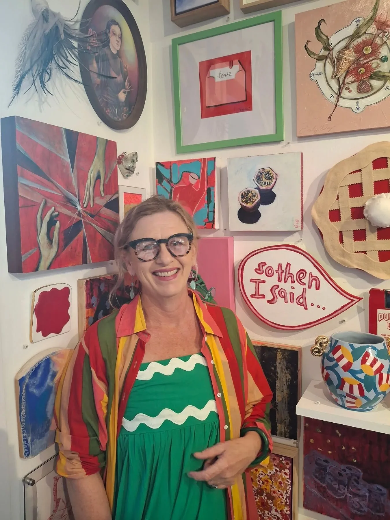 Out and about last night at the annual Side Gallery Festive Spectacular.
Tenfold marks ten years of Side Gallery

It was a packed event...art and people. Love it every year ❤️

Mine is St. Vincent, the passion fruit behind me. 
Check out the catalogu