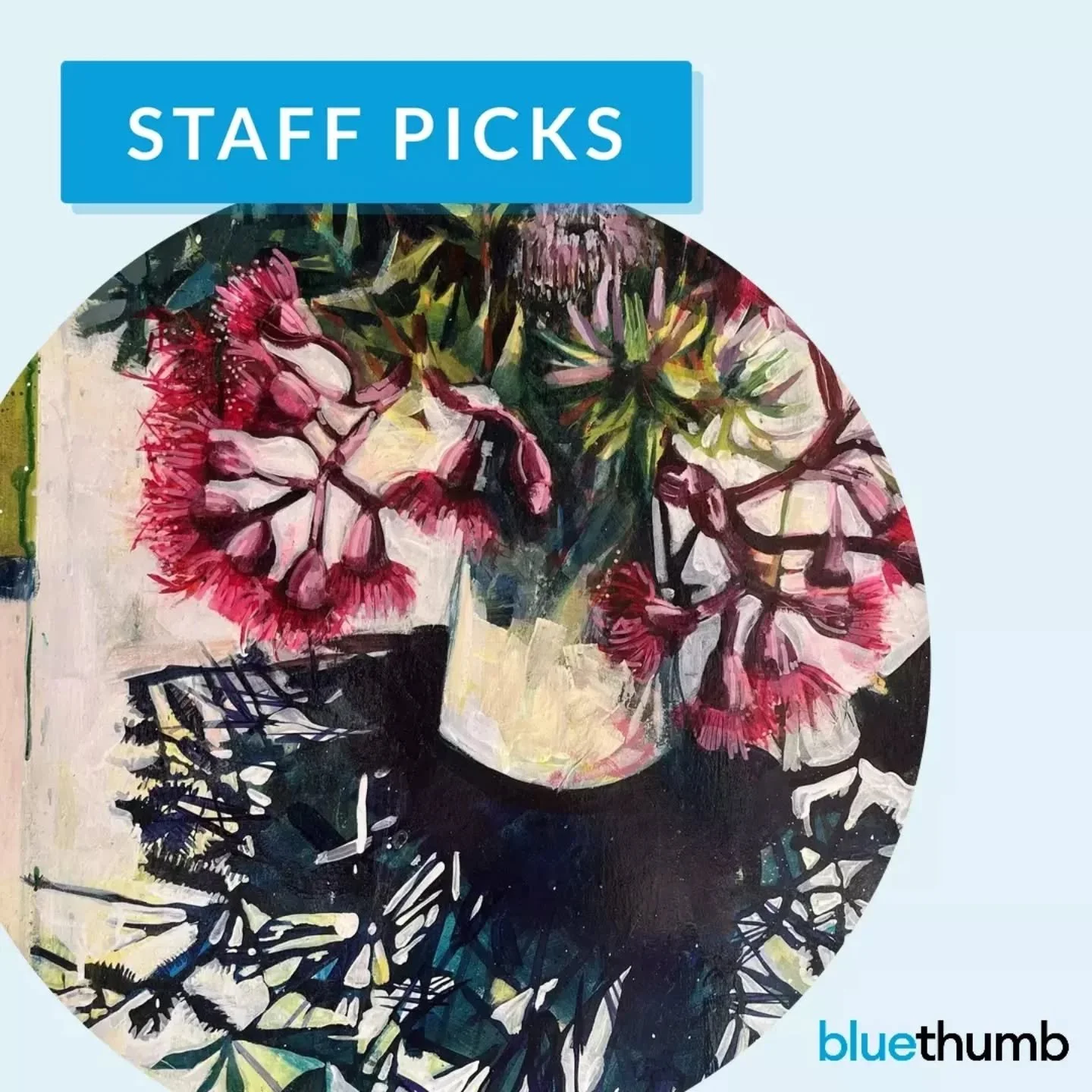 Always delighted when the folks at Bluethumb choose one of my pieces as a Staff Pick.
I am painting one A1 (60x80x2cm) still life a month this  year.
Native Bouquet was Miss March.
I augmented a Woolies bouquet with some stunning eucalptus blossom, l