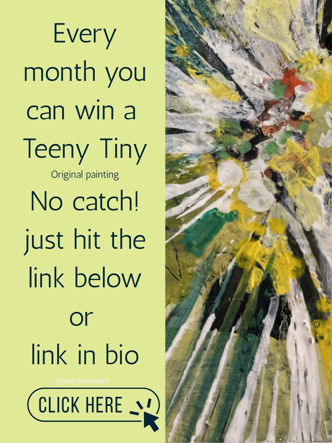 Last call for my May Teeny Tiny Giveaway.

Get on the list and you have the chance to win an original painting.

Yes it really is teeny tiny at 10x10cm but it is original.

The winners of the March and April draws both said they had never won anythin