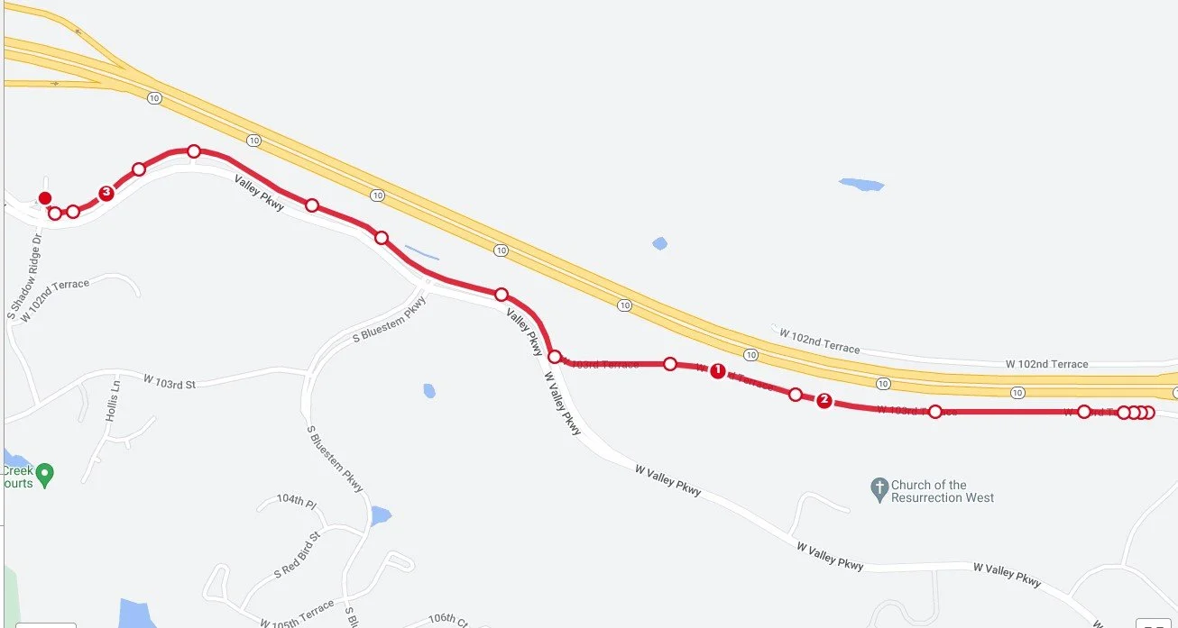 Map of a bus or train route along Valley Parkway with stops marked, running parallel to highway 10.