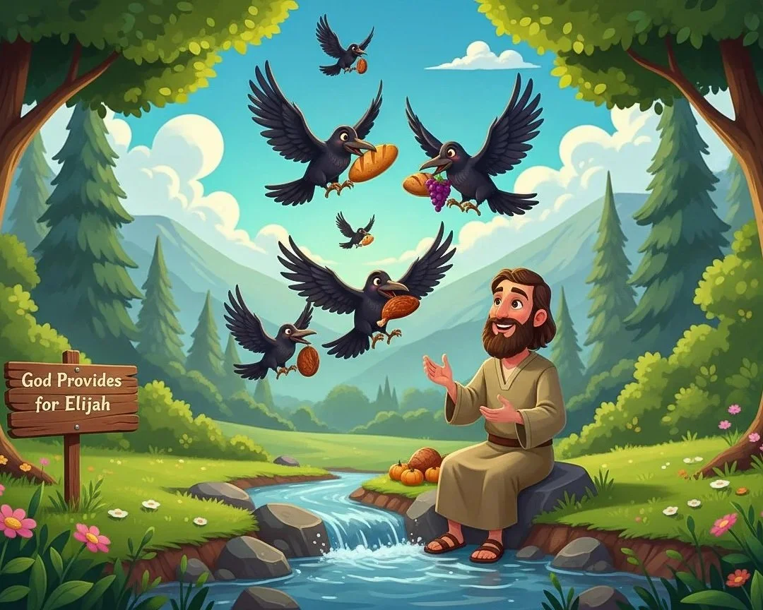 A biblical scene with Elijah sitting on rocks by a creek in a lush forest, surrounded by mountains and trees. Several birds are flying in the sky, carrying bread, grapes, and an acorn. A sign reads 'God Provides for Elijah'.