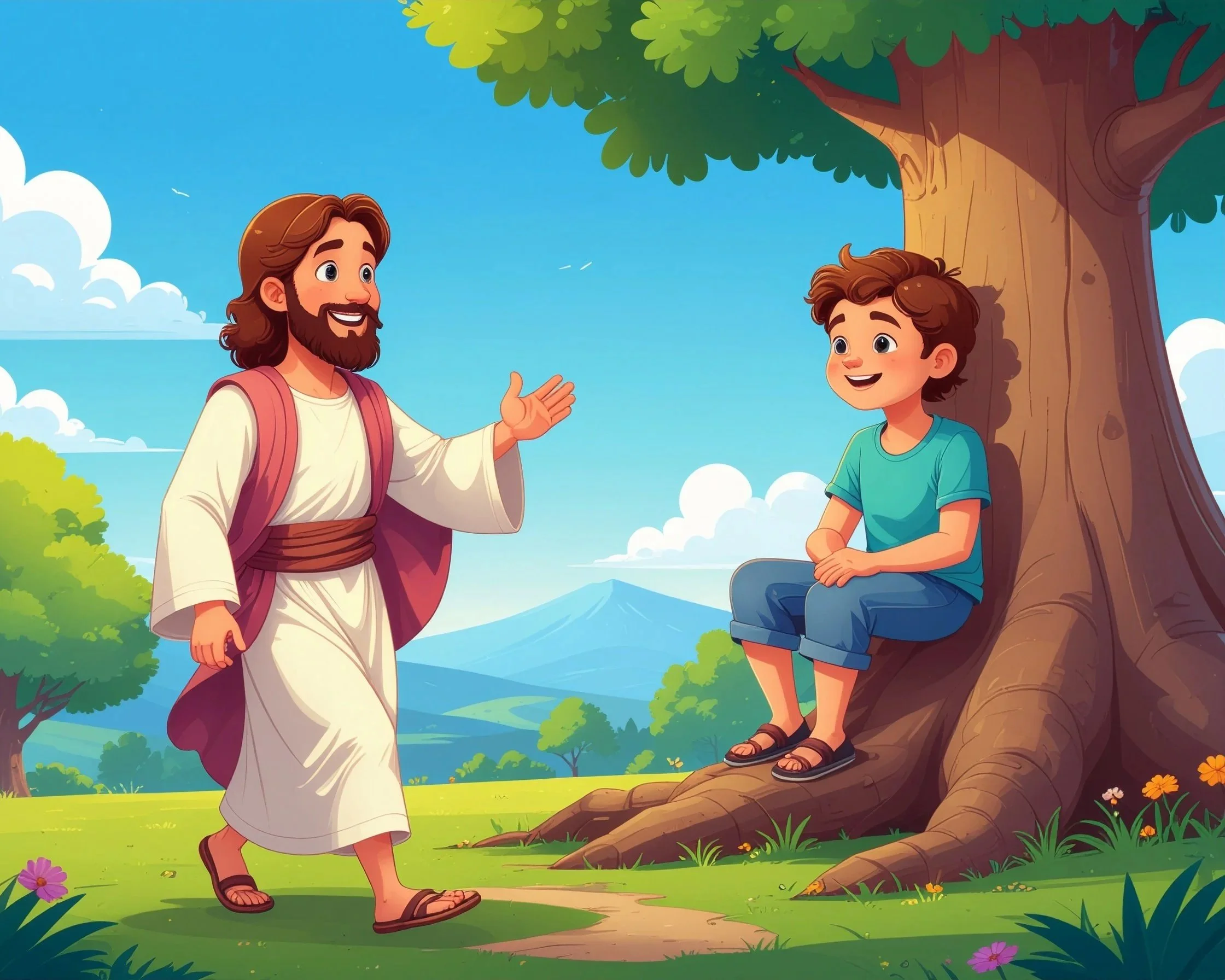 A cartoon depiction of Jesus talking to a young boy seated on a tree branch outdoors in a green landscape with mountains in the background, under a clear sky.